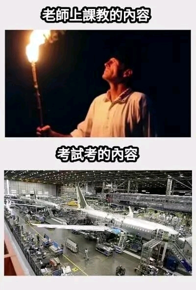 这是一张上下对比的多图拼接文字加注图，通过上下两组图和文字的强烈反差，来吐槽学生时代的普遍痛点。上方的文字为“老师上课教的内容”，搭配的图片是一个人手持燃烧的火把，场景简单，象征着上课所学的内容基础、易懂；下方的文字为“考试考的内容”，搭配的图片是大型飞机制造车间，车间内有未组装完成的飞机和大量的设备、工序，场景极其复杂，象征着考试的难度远超上课所学，内容繁杂且难度陡增，用这种夸张的反差来调侃上课内容和考试内容严重脱节的现象，引发学生群体的共鸣。