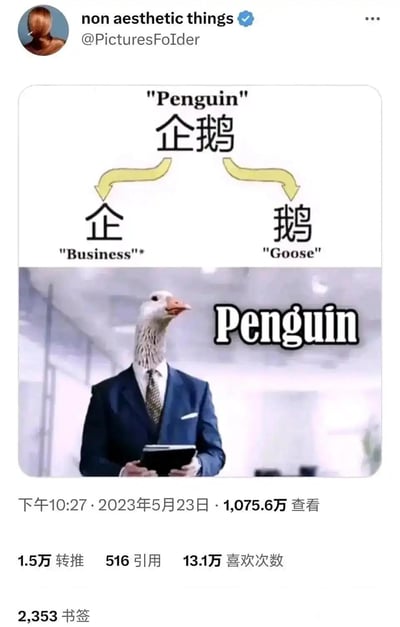 这是一张结合中文拆字与图像合成的搞笑网络梗图。上方通过中英文标注玩拆字梗：将“企鹅”拆分为“企”和“鹅”，分别对应英文“Business（商务）”和“Goose（鹅）”；下方则是一张合成图，把鹅的头部与穿着西装、手持平板的商务人士身体拼接在一起，标注英文“Penguin”，用荒诞的视觉效果呼应上方的拆字梗，制造出趣味十足的搞笑效果。