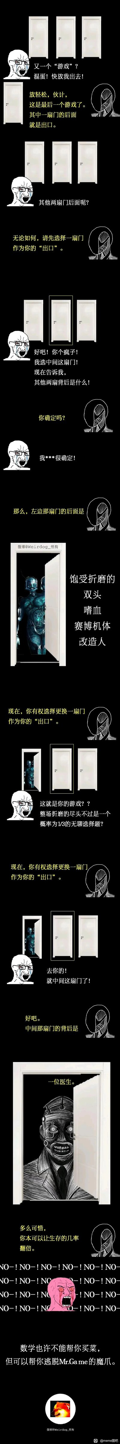 这是一幅以经典概率问题“三门悖论”为核心的恐怖连环meme漫画。故事围绕一名被囚禁的崩溃男子展开，神秘人要求他在三扇门中选出背后是出口的一扇，男子选中中间门后，神秘人揭晓左侧门后是恐怖的双头嗜血赛博改造人，并给予他更换选择的机会。男子误以为这只是无聊的概率游戏，坚持选择中间门，结果门后出现的“医生”是恐怖的死亡象征，神秘人告知他原本更换门可以将生存概率从1/3提升至2/3，男子最终陷入绝望的崩溃中。漫画用风格化的meme角色形象，结合概率问题的逻辑与恐怖叙事的反转，营造出强烈的心理惊悚效果。
