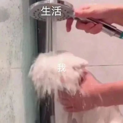 图片展示了一个淋浴场景：上方一只手握着淋浴喷头，喷头处有白色文字“生活”，正向下喷水；下方另一只手拿着沾满白色泡沫的沐浴球/海绵，上面有白色文字“我”，泡沫被水流冲刷。整体用淋浴的日常场景比喻“生活”像水流一样持续作用于“我”，泡沫象征着被生活“浇灌”的状态，表达一种被生活裹挟的无奈又带点幽默的情绪。