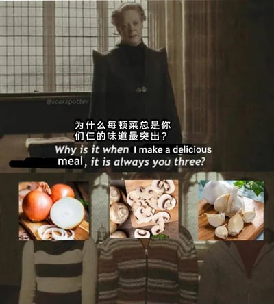 这是一张经过P图改编的搞笑梗图，上方截取了《哈利·波特》系列影视作品中米勒娃·麦格教授的严肃场景截图，她表情严肃，仿佛在严厉质问；下方将原本的三个人物头部替换为切好的洋葱、口蘑、大蒜的食材图片，同时在画面中间添加了中英文对照的调侃文字：“为什么每顿菜总是你们仨的味道最突出？Why is it when I make a delicious meal, it is always you three?”。这张图用影视角色的严肃质问来调侃洋葱、大蒜、口蘑这三种食材在烹饪过程中风味浓烈，很容易盖过其他食材味道的常见烹饪现象，将严肃的影视场景和生活化的美食话题结合，制造出反差搞笑的效果，能引发热爱烹饪的网友的共鸣。