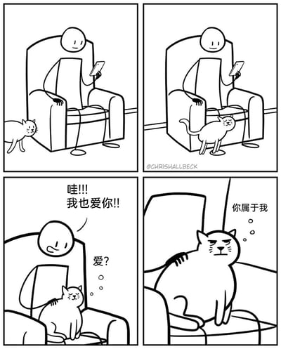这是一幅四格黑白卡通连环漫画，第一格：简笔人类坐在扶手椅上玩手机，一只猫咪从画面左侧走近椅子；第二格：猫咪走到人类的腿边，做出亲昵的蹭靠动作；第三格：人类误以为猫咪在表达爱意，开心地大喊“哇!!!我也爱你!!”，猫咪却一脸疑惑地冒出“爱？”的想法气泡；第四格：猫咪霸占了人类的扶手椅，一脸严肃地想着“你属于我”，原来猫咪的亲昵靠近只是为了抢占座位，用反差感制造出搞笑的效果，精准展现了猫咪傲娇、占有欲强的性格特点。