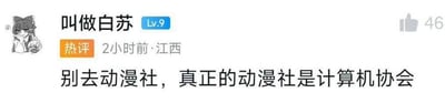 这是一张国内社交媒体平台的热评截图，用户「叫做白苏」（等级Lv.9）发布的评论获得了46个点赞，被标注为热评，发布于2小时前的江西。评论内容为「别去动漫社，真正的动漫社是计算机协会」，是一句玩梗调侃的话——因为不少动漫爱好者同时精通计算机相关技术，比如动画剪辑、同人内容制作、MAD创作等，而计算机协会中也往往有大量动漫爱好者，两者受众高度重叠，因此用这个说法来调侃这种有趣的关联。
