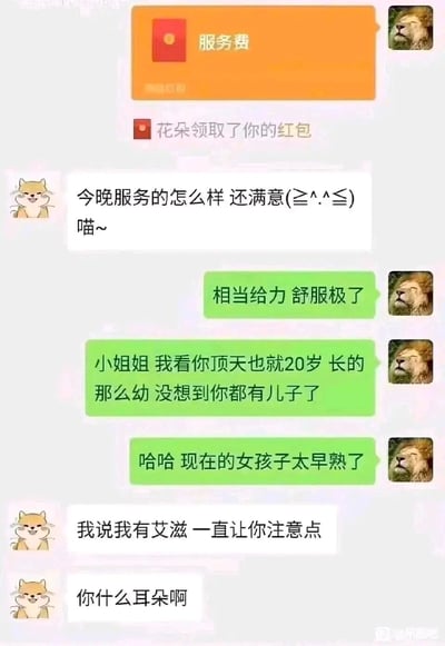 这是一张微信风格的搞笑聊天记录截图，画面顶部显示用户（狮子头像）发送了标注为“服务费”的红包，被名为“花朵”的对象领取。随后松鼠头像的服务者询问用户对服务的满意度，用户夸赞服务相当给力，接着误以为服务者提及的“有艾滋”是“有儿子”，感慨对方看起来年幼却已为人母，最后服务者指出用户听错了，实际是“有艾滋”，形成了谐音误会的反转笑点，整个对话充满荒诞搞笑的氛围。