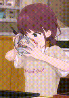 这是一段出自动画《我心里危险的东西》的动态GIF，内容是短发女生山田杏奈捧着一只带有花纹的大碗，用筷子快速往嘴里扒饭，腮帮子随着进食逐渐鼓胀起来，最后皱起眉头、抿紧嘴巴，呈现出吃饭太急有点憋闷的可爱神态，生动还原了吃货干饭时的投入模样，画面软萌治愈。