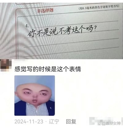 这张图是上下拼接的搞笑内容，上半部分呈现的是一张试卷的非选择题区域，在第4题的答题位置写着“你不是说不考这个吗？”，这句话精准传递出考生发现试卷考了此前被明确告知不会考的内容时的震惊与吐槽情绪；下半部分是一条社交媒体的回复内容，发布于2024年11月23日辽宁，回复文案为“感觉写的时候是这个表情”，并搭配了一张经过夸张P图的人脸图，这张人脸的眼睛瞪大、嘴巴张开，面部轮廓被刻意变形，生动还原了考生看到超出预期的考试内容时，那种震惊、无语又崩溃的复杂情绪，整体内容用幽默的方式调侃了学习考试中常见的“预期与现实不符”的经历，容易引发学生群体的共鸣。
