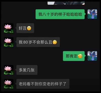 这是一张聊天记录截图，展示了两位好友的趣味对话。左侧用户头像为粉色莲花，右侧用户头像为卡通角色史迪奇（蓝色外星狗形象）。对话始于右侧用户发送“我八十岁的样子哈哈哈哈”，带着轻松的调侃语气；左侧用户回复“好丑😃”，配以微笑表情，开启互怼模式。右侧用户不服气地反驳“我80岁不会那么丑😃”，同样用微笑表情缓和气氛。左侧用户顺势接话“那肯定😃”，随后要求“多发几张”，对话氛围一直轻松搞笑。直到最后，左侧用户突然发来一句“老妈看不到你变老的样子了”，让原本戏谑的聊天瞬间增添了一丝温馨与感慨，展现了朋友间从玩笑到真情流露的自然转变。