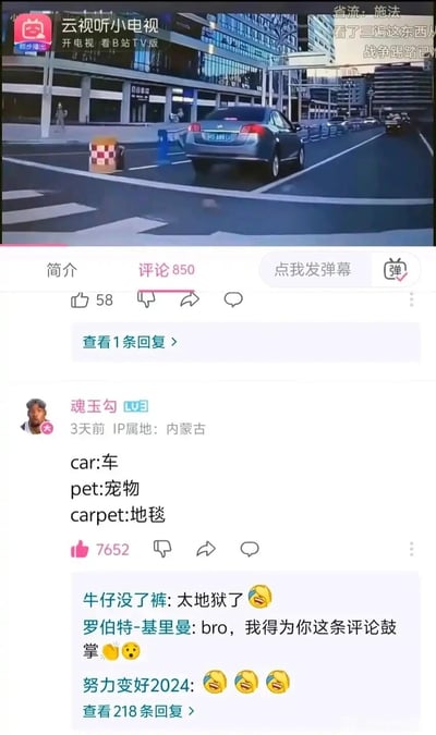 这是一张B站云视听小电视的视频截图，上方视频画面展示了一辆行驶在城市道路上的汽车，结合评论内容推测，画面中可能发生了宠物被车碾压的意外；下方评论区中，用户“魂玉勾”发布了一条玩英语单词拆分的评论，将car（车）、pet（宠物）、carpet（地毯）进行中文释义对应，通过单词组合的方式创作地狱笑话，暗示视频里的宠物被车碾压后如同变成了“地毯”，这条评论获得了7652个点赞，其他用户在回复中纷纷表示这个笑话“太地狱了”，体现了网络社区中用户利用语言梗进行趣味创作的特点。