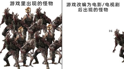 这是一张左右分栏的对比梗图，左侧区域上方标注“游戏里出现的怪物”，画面中是十多只外形恐怖、身体残缺扭曲的循声者怪物，它们聚集在一起，充满了压迫感和视觉冲击力，还原了游戏里怪物成群的震撼场面；右侧区域上方标注“游戏改编为电影/电视剧后出现的怪物”，画面中仅有一只同款循声者，还配有文字“Hi”，用极端的数量反差，辛辣地调侃了游戏改编影视内容时，常常因为制作成本、拍摄难度等因素，大幅削减原作中怪物的规模和压迫感，与游戏里的体验形成巨大落差，精准戳中了不少游戏粉丝对改编作品“降配”的不满。
