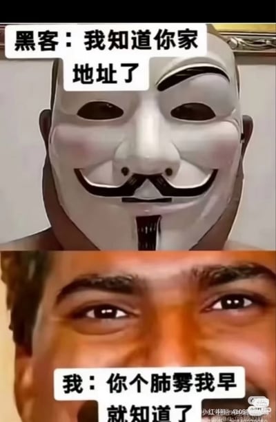 这是一张上下拼接的搞笑梗图，上半部分用《V字仇杀队》里的匿名者V字面具代表黑客，配文“黑客：我知道你家地址了”，模拟黑客发出的威胁；下半部分是表情戏谑斜视的黑人男子作为被威胁者的形象，配文“我：你个肺雾我早就知道了”，其中“肺雾”是中文“废物”的谐音，用玩梗的方式表达对黑客威胁的毫不在意，甚至反过来嘲讽黑客，整体笑点来源于谐音梗和反套路的回应。