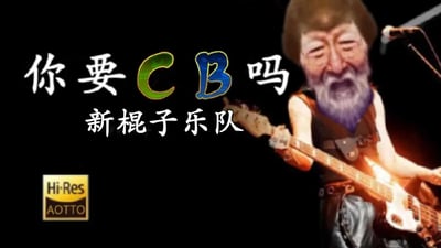 图片展示了一位正在舞台上弹吉他表演的人物，面部表情夸张有趣。左侧有醒目的文字'你要CB吗'，其中'CB'两个字母分别用绿色和蓝色特殊样式显示，下方还有'新棍子乐队'字样。左下角有'Hi-Res AOTTO'的标识。整体风格幽默搞笑，营造出一种荒诞的表演氛围。