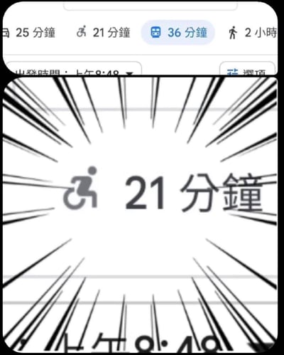 这张梗图分为上下两部分，上半部分是手机导航软件的界面截图，展示了同一目的地不同出行方式的预计耗时：自驾需要25分钟，轮椅出行需要21分钟，公共交通需要36分钟，步行需要2小时。下半部分是创作者特意截取放大的轮椅出行耗时区域，添加了日式漫画中用来凸显重点的集中放射速度线特效，重点突出“轮椅21分钟”的信息，用轮椅出行比自驾耗时更短的反常反差制造搞笑效果，既可以讽刺导航算法的不合理计算结果，也暗含对日常出行堵车严重、自驾效率低下的调侃。