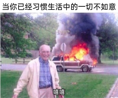 这是一张具有自嘲风格的搞笑表情包，画面前景是一位站在草地上的白发老人，他穿着米色外套和蓝格衬衫，满脸灿烂笑容，双臂自然张开，下方配文“嘻嘻”；画面背景中，一辆停在路边的汽车正猛烈燃烧，火势凶猛，冒出大量浓黑的烟雾。图片顶部配有文字“当你已经习惯生活中的一切不如意”，通过老人面对汽车起火这种严重糟心事却依旧开心的强烈反差，生动地表现出人们在长期经历生活的各种不顺后，对糟糕处境产生麻木感，以自嘲式的乐观去应对的心态，用夸张的视觉反差制造幽默效果，引发受众对生活压力与无奈的共鸣。