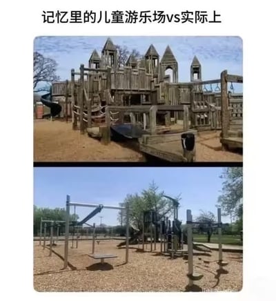 图片通过上下对比展示了记忆中的儿童游乐场与实际上的差异。上方记忆中的游乐场是一座复杂的木质城堡式结构，有多个尖塔、滑梯和丰富的游乐设施，显得宏伟且充满冒险感；下方实际上的游乐场则是较为简单的金属游乐设施，包含秋千、滑梯等基础设备，整体更朴素。这种对比生动呈现了童年记忆的美化与现实的差异。