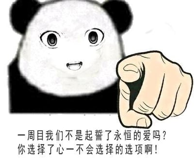图片中是一个卡通熊猫头形象，表情惊讶，眼睛睁大，嘴角微张，右手伸出食指指向前方，仿佛在质问。下方配有文字：“一周目我们不是起誓了永恒的爱吗？你选择了心一不会选择的选项啊！”，整体营造出一种对过去承诺和错误选择的质问氛围，常见于表达对情感或游戏剧情中选择的懊悔与不解。