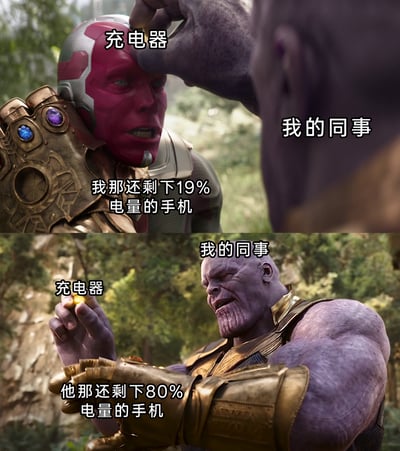 这是一张改编自漫威影视场景的搞笑梗图，通过上下两部分的对比，还原打工人的真实无奈时刻：上半部分用《复仇者联盟3》中灭霸伸手抠幻视额头宝石的场景，将幻视标注为「我那还剩下19%电量的手机」，灭霸的手标注为「充电器」，灭霸本人标注为「我的同事」，表现手机电量告急、急需充电的状态；下半部分则是灭霸拿到宝石（标注为「充电器」）的得意场景，此时灭霸仍标注为「我的同事」，对应同事抢走急需的充电器的行为，用夸张的影视场景吐槽身边有人在自己手机低电量时抢走充电器的无奈日常，十分贴合职场和生活中的真实小矛盾。