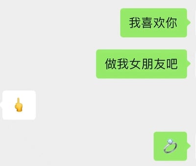 这是一张模拟微信聊天界面的静态截图，展示了一段趣味化的表白对话。聊天中，绿色气泡的表白方先发送两条文字消息：“我喜欢你”“做我女朋友吧”；白色气泡的被表白方回复了一个向上指的手势emoji，该emoji谐音“要”；随后表白方发送了一个钻戒emoji，对应“要戒指”的含义，形成了一个趣味的表白回应互动，用emoji的谐音玩梗，让原本严肃的表白过程变得轻松有趣，充满了网络聊天的趣味性。