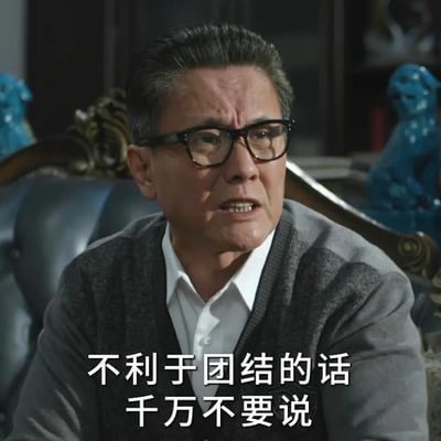 这是一张改编自电视剧《人民的名义》的表情包，截图中角色高育良眉头紧皱，表情严肃，下方配有文字“不利于团结的话千万不要说”。该表情包常被用于社交场景中，以略带正式又调侃的语气，提醒他人不要发表会引发矛盾、破坏群体氛围的言论，没有双关或谐音梗。