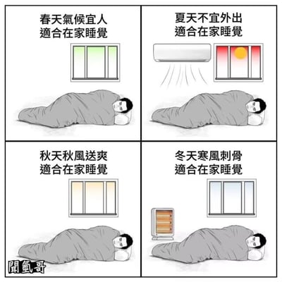 这是一张四格连环漫画，每一格分别对应春、夏、秋、冬四个季节。每格上方都有文字说明：春天气候宜人适合在家睡觉、夏天不宜外出适合在家睡觉、秋天秋风送爽适合在家睡觉、冬天寒风刺骨适合在家睡觉。画面中均有一个裹着灰色被子的人躺在床上睡觉，背景窗户根据季节呈现不同景象（春天绿色光线、夏天红色太阳配空调、秋天黄色光线、冬天寒冷窗户配取暖器），整体通过重复的“适合在家睡觉”制造幽默效果，展现出一种无论什么季节都想宅家睡觉的慵懒心态。