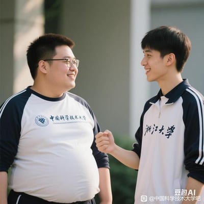 图片中两位年轻男性面对面站立，正在进行友好的碰拳互动。左侧男子穿着印有“中国科学技术大学”校徽及文字的白色短袖运动衫，右侧男子穿着印有“浙江大学”文字的蓝白相间长袖运动外套，两人均面带自然微笑，表情轻松愉快。背景为室外校园环境，可见灰色建筑墙面和部分绿色植物，光线明亮柔和，整体氛围积极和谐。图片右下角有“豆包AI”及“@中国科学技术大学吧”的水印标识。