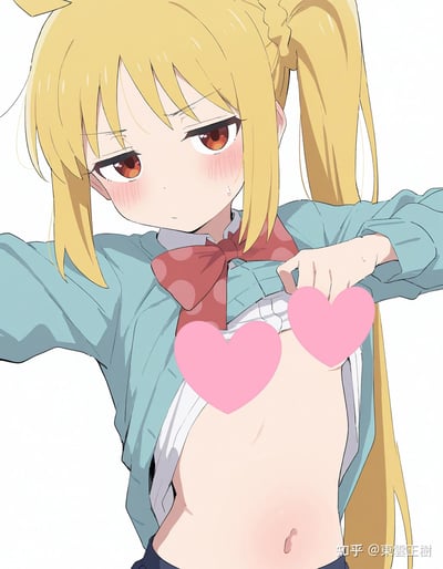 Anime-style illustration of a young girl with long blonde hair in a ponytail, red eyes, and wearing a blue school uniform with a red polka dot bow. She has a slightly embarrassed expression with a sweat drop on her cheek and is pulling open her shirt to reveal her stomach area. Two pink heart-shaped censors are placed over her chest. The background is plain white.