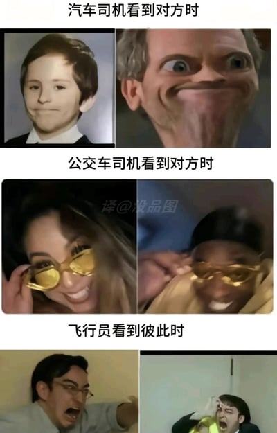 这是一张多图拼接的连环搞笑梗图，分为三个板块分别展示不同类型司机看到同行时的反应：第一板块为汽车司机，左侧是嘴角憋笑、表情戏谑的真人P图，右侧是《超人总动员》里超能先生的面部极度扭曲的夸张梗图，表现汽车司机看到同行时搞怪又略带戏谑的状态；第二板块为公交车司机，一男一女两位人物都戴着黄色墨镜，咧嘴大笑并做出扶墨镜的耍酷动作，神情兴奋，体现公交车司机看到同行时的热情耍帅；第三板块为飞行员，两位男性都大张嘴巴，做出激动的肢体动作，表情亢奋，表现飞行员看到同行时的激动状态。整体用网络热门的夸张表情包，调侃不同职业司机的趣味互动场景。