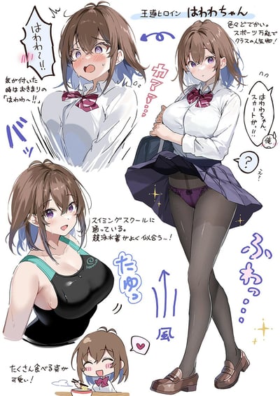 この画像は、オリジナルアニメキャラクター「はわわちゃん」のマルチポーズイラストです。左上では驚いた表情で「はわわっ!!」と叫ぶ姿、右上では腕組みをした自信満々な姿、左下では水着姿で優しい笑顔を見せ、右下ではチビ化してラーメンを食べる可愛らしい姿が描かれています。キャラクターは茶色の髪に紫の目を持ち、制服姿では赤いリボンが特徴的です。全体的に明るく可愛らしい雰囲気で、複数の表情や姿勢を通じてキャラクターの魅力が表現されています。