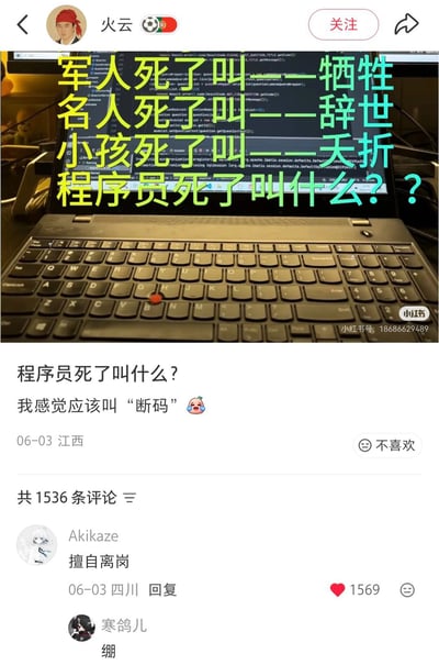 这是一张小红书平台的社交媒体截图，上半部分是实拍的ThinkPad笔记本电脑，屏幕显示代码界面，界面上叠加黄蓝两色文字，先列出不同身份人群去世的对应称谓：军人去世叫牺牲、名人去世叫辞世、小孩去世叫夭折，最后抛出问题“程序员死了叫什么？”。发布者自己给出的答案是谐音梗“断码”，取代码中断的含义玩职业相关的梗，下方评论区有两条高赞玩梗回复，分别是网友Akikaze回复的“擅自离岗”、网友寒鸽儿回复的“绷”，都结合了程序员职业属性和网络流行语境，截图右下角带有小红书水印和对应发布者的账号编号。