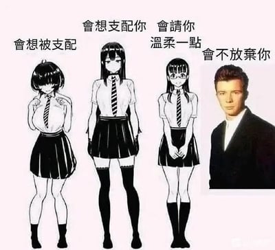 这是一张经过P图改编的网络搞笑梗图，采用多图拼接加文字加注的形式呈现。画面左侧是三位穿着JK制服的黑白动漫风格女生，各自对应一句描述恋爱相处模式的文字：“会想被支配”“会想支配你”“会请你温柔一点”；画面右侧是欧美歌手瑞克·艾斯利（Rick Astley）的照片，对应的文字是“会不放弃你”。这里玩了经典的Rickroll梗，因为瑞克·艾斯利的代表作《Never Gonna Give You Up》的核心歌词就是“Never Gonna Give You Up”（永远不会放弃你），将这个知名网络梗与恋爱相处模式结合，制造出反差搞笑的效果。