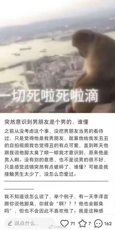 这张图片是一个社交媒体帖子截图，上方是一只狗眺望城市的照片，叠加着文字“一切死啦死啦滴”。下方是一段关于恋爱中突然意识到男朋友是男性的有趣文字，描述了因为男朋友说脚臭而打破滤镜的经历，并以游戏角色李泽言举例说明这种感受。