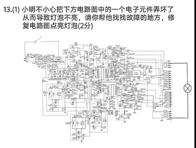 这是一张恶搞风格的电路故障题目图，题目描述小明弄坏一个电子元件导致灯泡不亮，需要找出故障并修复点亮灯泡。图中故意放置了一张极其复杂的专业级电路图作为干扰项，误导解题者认为需要从复杂电路中寻找故障，但实际控制灯泡的是一条简单电路：最上方的开关、中间的复杂电路图（实际等效为导线）与右侧的灯泡串联，故障点是最上方的开关处于断开状态，只需闭合该开关就能让灯泡点亮。这张图利用专业电路图和简单问题的反差制造笑点，调侃了看似复杂实则简单的问题。