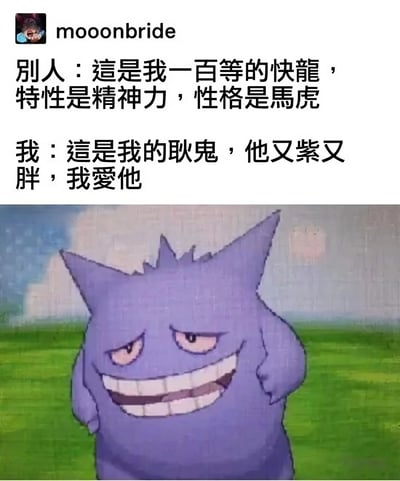 图片上半部分为文字对比：别人炫耀自己一百级、特性精神力、性格马虎的快龙，而自己则介绍心爱的又紫又胖的耿鬼。下半部分是《精灵宝可梦》中的角色耿鬼，它有着紫色的身体，尖尖的耳朵，露出狡黠的笑容，站立在绿色的草地上，背景是蓝天白云。
