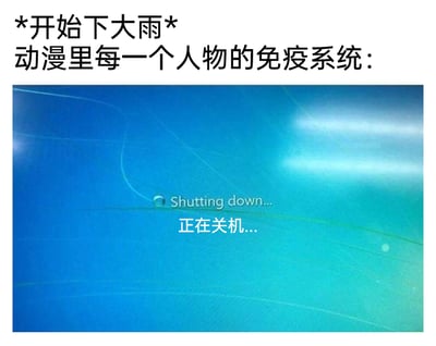 这是一张吐槽动漫剧情套路的搞笑梗图，上方配文“*开始下大雨*
动漫里每一个人物的免疫系统：”，下方是Windows操作系统的关机界面截图，界面显示英文“Shutting down...”与中文“正在关机...”。该梗图用电脑系统关机的画面，形象比喻动漫中常见的剧情设定——只要出现下雨情节，动漫角色的免疫系统就会像系统关机般失效，角色极易患上感冒等病症，以此调侃这类重复俗套的动漫剧情，表达方式诙谐生动，易引发动漫爱好者共鸣。