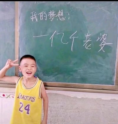 这是一张原始拍摄的静态真人图，画面呈现的是小学教室场景：一个穿着黄色湖人24号无袖球衣的小男孩站在黑板前，他咧嘴大笑，眼睛因笑容眯起，左手比出剪刀手举在头部旁，神态十分欢快。黑板上用白色粉笔写着他的梦想——“我的梦想：一亿个老婆”，这个充满孩童天真脑洞的搞笑梦想，和孩子纯粹快乐的样子形成了有趣的反差，尽显童真童趣，让人觉得十分搞笑又暖心。