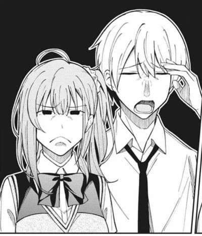 这是一张黑白漫画截图，画面呈现了两位职场风格的角色：左侧的女生五十岚双叶眉头紧紧皱起，嘴角向下撇，满脸都是烦躁与无奈的神情；右侧的男生武田晴海单手扶着额头，双眼紧闭，嘴巴大张，看起来正处于崩溃抓狂的状态，显然两人是遇到了让他们都十分头疼、难以应对的事情，画面传递出强烈的烦躁、无奈的情绪。