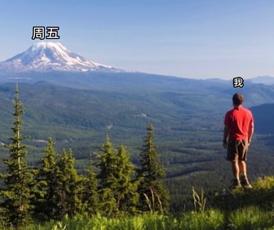 这是一张反映打工人心态的网络梗图，画面主体是一名身穿红色短袖、棕色短裤的男子，他站在山顶的草地上，背对着镜头眺望远方的雪山。图中通过文字标注，将男子标注为“我”，将远处的雪山标注为“周五”，用登山者远眺目标的场景，生动形象地表现出职场打工人在工作日后期，急切盼望周五到来的心情，仿佛周五是需要遥遥相望的远方目标，精准戳中了打工人对周末前最后一个工作日的期待与盼归心态，充满了幽默与共鸣感。