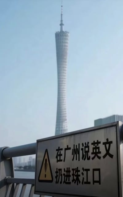 这是一张经过PS修改的搞笑梗图，前景是江边金属护栏上的警示牌，警示牌左侧为标准黄底感叹号警示标志，右侧配有恶搞文字“在广州说英文 扔进珠江口”，背景是广州地标建筑广州塔（小蛮腰），远处还能看到江面和其他城市建筑，天空晴朗。该标语为网友虚构创作，并非真实存在的官方规定，仅用于幽默玩梗，调侃广州地域相关的语言文化话题。