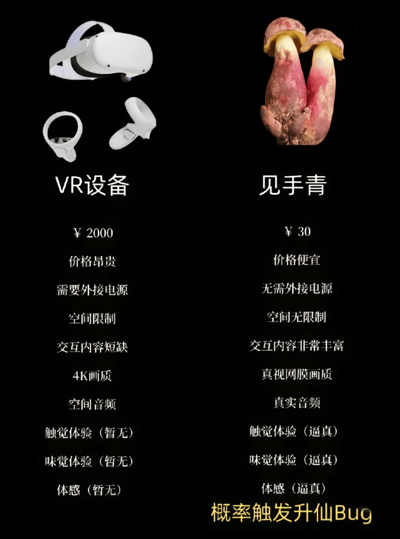 这张梗图将VR设备与见手青蘑菇进行左右对比，左边列出VR设备的特点：价格昂贵（2000元）、需要外接电源、空间限制、交互内容短缺等；右边列出见手青的特点：价格便宜（30元）、无需外接电源、空间无限制、交互内容丰富等，最后调侃见手青有概率触发‘升仙Bug’（指食用后中毒产生幻觉）。整体风格幽默讽刺，通过夸张对比制造笑点。