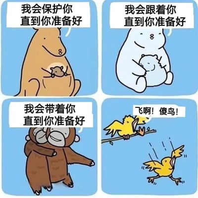 这是一张四格漫画风格的梗图，展示了四种动物父母不同的育儿方式。前三个格子分别是袋鼠、熊和猴子用保护、跟随和携带的方式照顾幼崽，配文都是"我会保护你/跟着你/带着你直到你准备好"。第四个格子画风突变，鸟妈妈站在树枝上对正在坠落的小鸟大喊"飞啊! 傻鸟!"，形成幽默的反差效果。