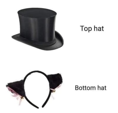 图片分为上下两部分，上半部分是一顶黑色的高顶礼帽（Top hat），右侧标注“Top hat”；下半部分是一个黑色猫耳发箍，带有粉色蝴蝶结和铃铛装饰，右侧标注“Bottom hat”。图片通过文字游戏制造幽默效果：“Top hat”是标准的高顶礼帽名称，而“Bottom hat”则是故意将“bottom”（底部）与“top”（顶部）对比，把猫耳发箍戏称为“底部帽子”，形成搞笑的语义反差。