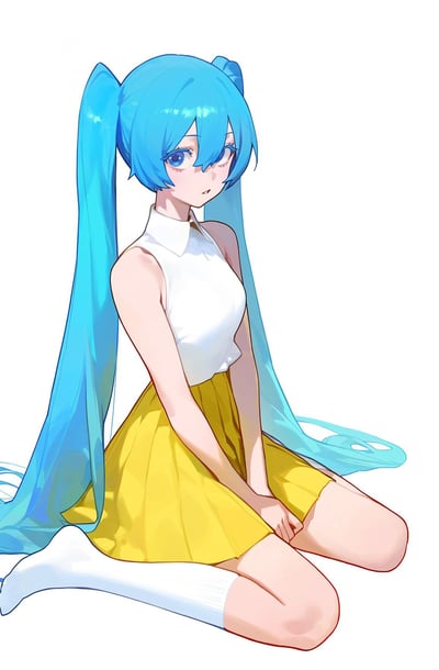 插画中是一位蓝发双马尾少女，有着明亮的蓝色眼眸。她身着白色无袖有领上衣和黄色短裙，搭配白色过膝袜，正以双腿折叠的姿势坐在地上，双手交叠放在腿上，目光微微侧向一边，表情平静。背景为纯白色，突出角色主体，整体风格清新可爱，属于典型的二次元动漫插画。
