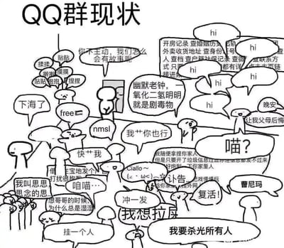 这是一幅手绘风格的卡通静态图，以多个形态简单的简笔小人代表QQ群内的不同成员，每个小人都配有对话气泡，呈现出五花八门、鱼龙混杂的群聊发言内容。其中包含亲昵互动类发言如“贴贴”“揉揉”，玩梗类发言如“幽默老钟，一氧化二氢明明就是剧毒物”，垃圾信息类发言如各类查隐私的广告、引流内容，辱骂威胁类发言如“nmsl”“我要杀光所有人”，日常吐槽类发言如“我想拉屎”“冲一发”，卖萌类发言如“咱喵…”“喵？”，还有骚扰、挂人、口嗨等多种类型的发言，全面展现了QQ群内发言杂乱无章、内容风格迥异的真实乱象，用夸张的方式调侃了QQ群聊天环境的复杂性和多样性。