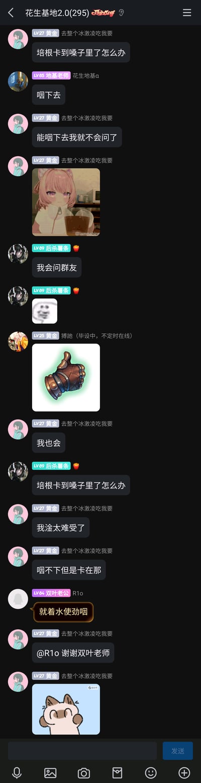 这是一张名为“花生基地2.0(295)”的群聊截图，群内用户“去整个冰激凌吃我要”因培根卡到嗓子在群内求助解决办法，用户“地基老师”首先给出“咽下去”的建议，被求助者反驳表示无法咽下；随后群友“后杀薯条”玩梗模仿求助者的提问，还有群友发送了相关表情包互动；最后用户“双叶老师（R1Ω）”给出“就着水使劲咽”的实用建议，求助者@对方表示感谢，整个对话充满群友间轻松诙谐的日常氛围，过程中穿插了多张二次元风格、搞笑风格的表情包。
