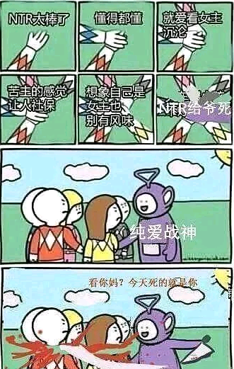 该梗图为连环漫画形式，上方六格小图分别配有“NTR太棒了”“懂得都懂”“就爱看女主无论”“苦主的感觉让人社保”“想象自己是女主也别有风味”“NTR给爷死”等文字，表达对NTR题材的不同态度。下方大图中，紫色天线宝宝被标注“纯爱战神”，并对他人说出“看你妈？今天死的就是你”，以夸张的对抗姿态讽刺NTR文化，形成纯爱与NTR的趣味对立。