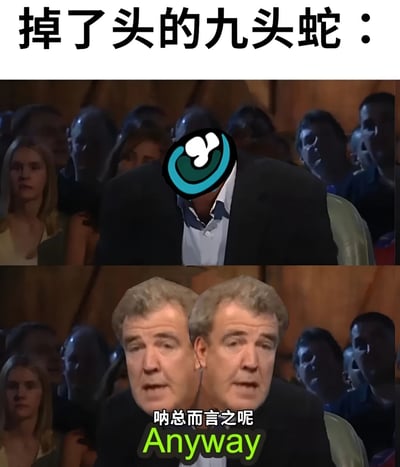 这是一张双 panel 拼接的搞笑梗图。上半部分画面中，一位穿黑色西装的男性头部被替换成蓝色圆形卡通图案，上方配有文字“掉了头的九头蛇：”；下半部分则是同一位男性的头部被复制成左右并排的两个，下方有字幕“呐总而言之呢 Anyway”。通过将“九头蛇掉了头后仍有多个头”的神话设定与现实人物的头部复制效果结合，形成荒诞幽默的视觉笑点。
