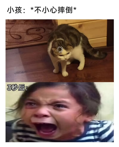 这是一个上下对比的梗图，上半部分显示一只头顶有警告符号的猫咪，配文'小孩：*不小心摔倒*'；下半部分显示一个正在大哭的小孩，配文'3秒后：'。通过猫咪的严肃表情与小孩崩溃大哭的夸张对比制造幽默效果。