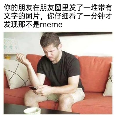 这是一张图文混排的静态meme，上方配有中文文案：“你的朋友在朋友圈里发了一堆带有文字的图片，你仔细看了一分钟才发现那不是meme”。图中是一位穿着黑色短袖和浅色短裤的真实男士，他坐在红色沙发上，眉头紧皱，表情满是嫌弃与无奈，一只手拿着手机，另一只手抬起做出嫌弃的手势，生动表现出花费时间仔细浏览朋友的朋友圈内容后，发现内容并非自己预期的搞笑meme时的无语、尴尬情绪，精准贴合当代人刷社交媒体时遇到的小乌龙场景，容易引发网友共鸣。