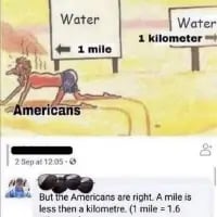 这是一张玩单位换算反讽梗的社交媒体梗图。画面上方是一个疲惫不堪的卡通人物趴在地上，左右两侧各有一个标注“Water”的取水点，左侧取水点到人物的距离标注为“1 mile”，下方标注“Americans”；右侧取水点到人物的距离标注为“1 kilometer”。画面下方是一条社交平台评论，内容为“But the Americans are right. A mile is less than a kilometre. (1 mile = 1.6”，这里是故意的反讽玩梗——实际上1英里约等于1.6公里，比1公里更长，评论用错误的换算逻辑来调侃美国人对英制单位的执着，以及和全球通用公制单位的差异。