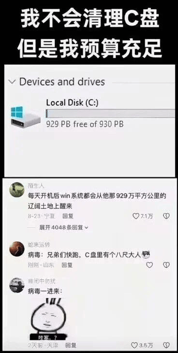 图片上方配有文字“我不会清理C盘 但是我预算充足”，中间是伪造的Windows系统“设备和驱动器”界面截图，显示Local Disk (C:)有929 PB可用空间（总容量930 PB，远超实际硬盘容量），下方是三条搞笑评论：“狗主人”将C盘空间调侃为“929万平方公里的辽阔土地”，“蛇来运转”以病毒视角评论“C盘里有个八尺大人等着”，“自谓中流砥柱”配困惑表情包表示“病毒一进来：呃呃？”。通过夸张C盘存储空间的方式幽默吐槽不清理C盘而选择“氪金”扩容的行为。