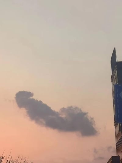 一张日落时分的城市天空照片，天空呈现出从底部粉红色到上部浅蓝色的渐变色彩。画面右侧有一栋高层建筑，顶部有明显的几何形状轮廓。左下角可以看到一些树枝的剪影。最引人注目的是天空中一朵形状非常独特的云，整体轮廓酷似一只朝向左上方的鞋子，具有明显的鞋头、鞋身和鞋跟部分。右侧还有一个蓝色的道路指示牌，上面有白色箭头图案。